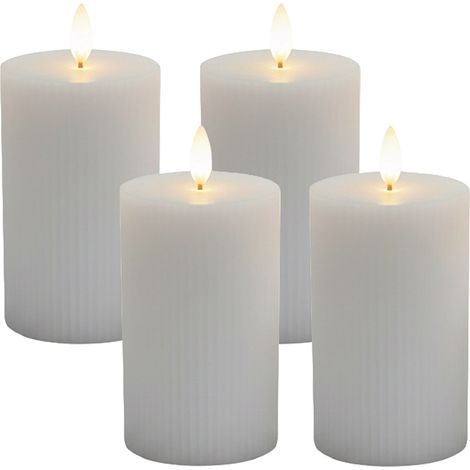 Relaxdays LED Kerzen, 4er Set, HxD: 13 x 7,5 cm, flackernde Flamme, Echtwachs, Rillen, flammenlose Blockkerzen, hellgrau