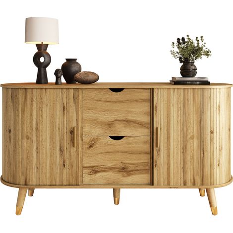 ELVMI Sideboard mit 2 Schubladen, Offenen Regalen und Verstellbaren Einlegeböden, für Wohnzimmer, 140×40×79,5 cm (1/5)