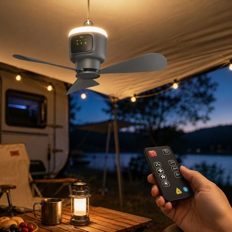 ROSNEK 840480001 Ventilateur de plafond portable avec lumière LED 45 cm, batterie 12000 mAh, gris foncé