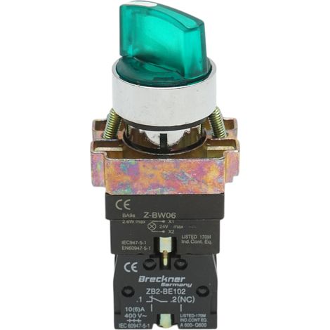 Selettore a 2 posizioni con blocco e indicatore di segnalazione LED verde 1NO+1NC, 24V, LAY5 Breckner Germany (1/4)