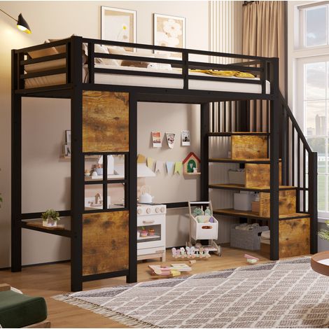 Lit mezzanine 90/200 cm en métal et MDF, noir, avec escalier de rangement et espace ouvert (1/5)