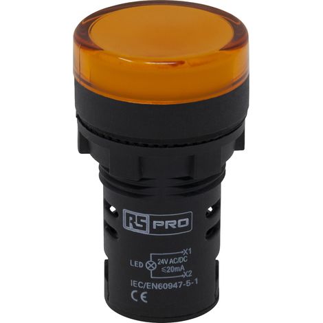 Voyant lumineux LED RS PRO Orange 24V c.a. / V c.c., Ø découpe 22mm, IP65 ( Prix pour 1 ) (1/4)