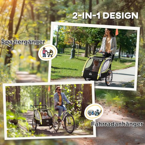 Remorque vélo 2-en-1 pour deux enfants, mode poussette, housse anti-pluie, système de freinage, jaune (1/4)