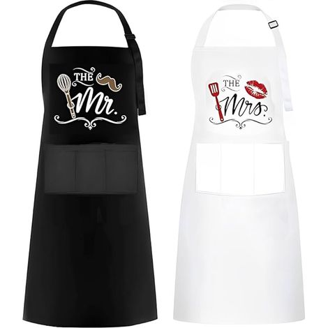 Mr & Mrs Tablier, Cadeau Couple,Mr & Mrs Right Tabliers Cuisine Couple, Tablier Homme Femme Réglable pour Mariage, Fiançailles (1/5)