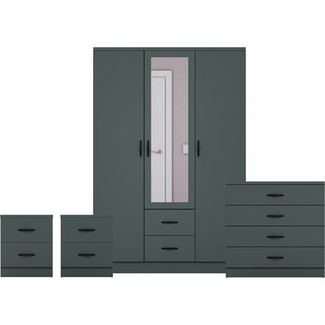 Riano 4 Piece Bedroom Set (2 Drw Bedside Chest, 5 Drw Chest, 3 Dr 2 Drw Mirrored Wardrobe), Green (1/3)