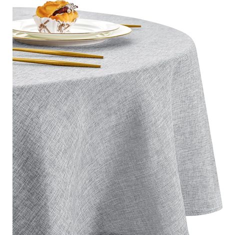 Runde Tischdecke 140 cm, khaki, Leinen-Baumwoll-Mischgewebe, waschbar, fleckenabweisend, mit Quasten und Streifenstickerei, für Geburtstag, Hochzeit, Esszimmer und Couchtisch