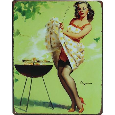 Plaque murale « BBQ Girl » pour garage/atelier (30 x 40 cm) - Décoration murale en métal - Panneau décoratif - Panneau barbecue - Garage/Atelier (1/4)