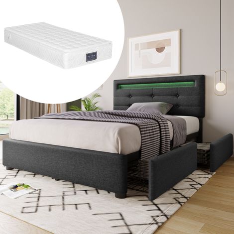 LED-Bettgestell 90x200 cm mit 2 Schubladen und Matratze, Grau, verstellbares Kopfteil (1/5)