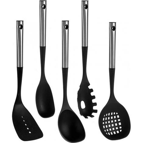 Set de 5 Ustensiles de Cuisine Manche en Métal Chromé et Polypropylène Noir (1/3)