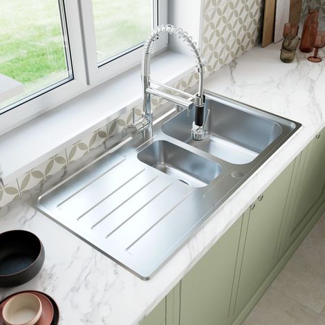 Stainless Steel 1.5 Bowl Inset Kitchen Sink Left Hand Modern Drainer Wastes (1/5)