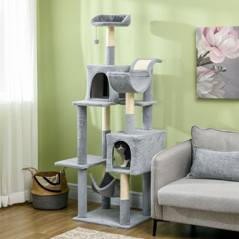 Árbol para gatos con hamaca, cama y 2 casitas, de aglomerado y felpa, 55x49x177 cm, gris y blanco. (1/5)