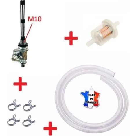 Kit essence universel – Robinet M10 x 100 métal chromé – Tuyau, filtre et collier pour mobylette Peugeot 103 – Réparation et entretien