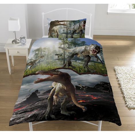 Housse de couette pour lit simple Motif dinosaures prédateurs T-Rex Raptors (1/4)