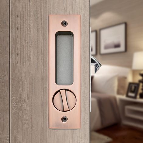 Verrou de porte coulissante avec bouton tournant pour porte intérieure en bois, poignée de porte encastrée invisible (bronze rouge) 160 mm (1/5)