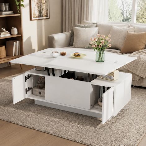 Tavolino da salotto sollevabile 100x50x55,5 cm bianco in legno con contenitore FloraGrace (1/5)