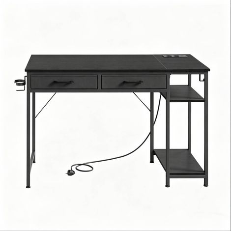 Bureau informatique avec 2 grands tiroirs en tissu, station de charge USB et Type-C, étagère latérale, porte-casque et porte-gobelet, noir, pour chambre et bureau  CHICFURN (1/5)