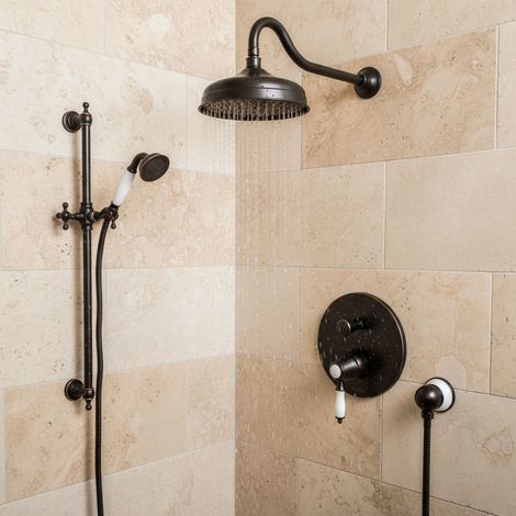 Système de douche encastré PaulGurkes avec robinet noir, ensemble nostalgique