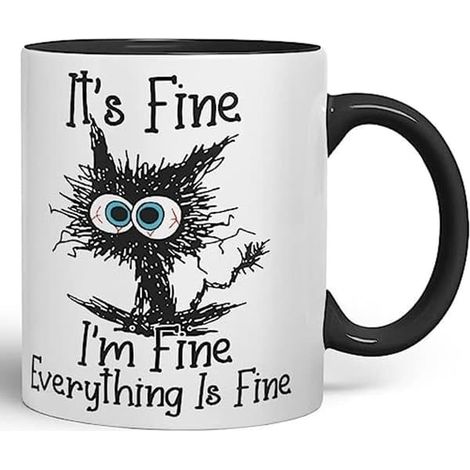 Tout va bien, je vais bien, tout va bien. Mug coloré avec blague de chat - Cadeau d'anniversaire, travail, bureau, Noël, thé ou café. (1/5)
