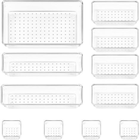Lot de 11 boîtes de rangement en plastique transparent, 4 tailles, empilables, pour maquillage, bureau, salle de bain, cuisine (1/5)