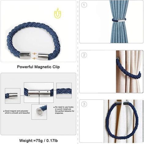 Embrasses Magnétiques pour Rideaux Lot de 2 en Corde Tressée Bleue avec Aimant Puissant Décoration Moderne pour Porte-Rideau (1/5)