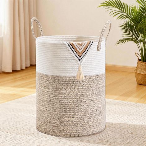 Wäschekorb 58L geflochten mit Baumwollhenkel, Boho Stil, Braun & Weiß (1/5)