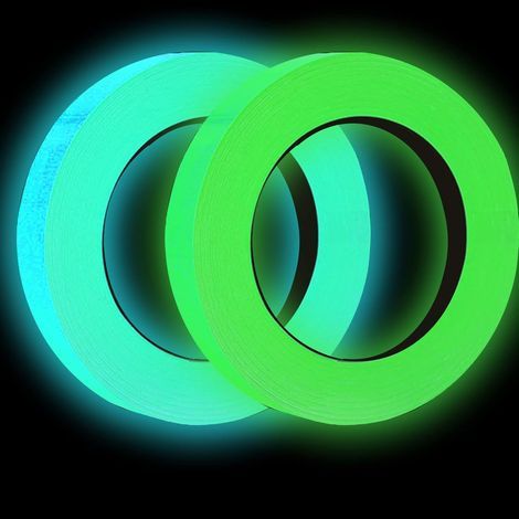 Lntyq Lot de 2 rouleaux de ruban adhésif fluorescent autocollant 1 cm x 5 m - Étanche - Luminous Tape phosphore - Ruban réfléchissant - Brillant dans la bande noire - Vert + bleu sarcelle (1/5)