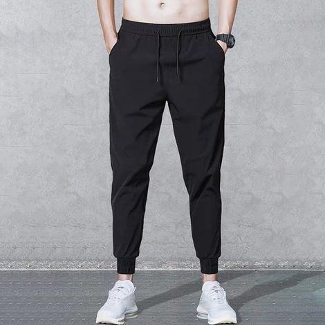 Men's ice silk summer jogging pants with elastic waist and drawstring for outdoor leisure, fishing, hiking, loose fit black pants (1/5)