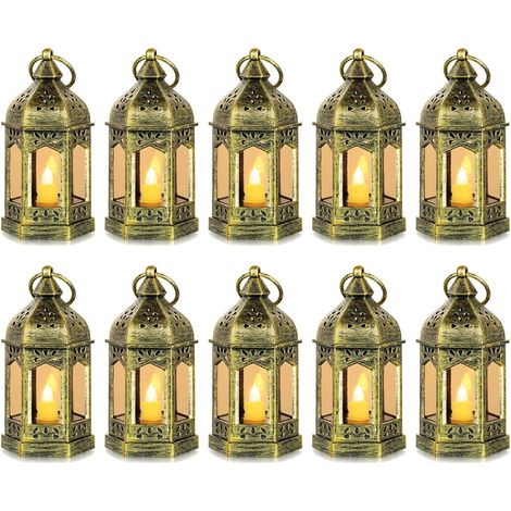 Romadedi Mini-LED-Laterne für den Außenbereich – Set mit 10 dekorativen goldenen Kerzenlaternen, Kerzenhalter für Halloween, Hochzeit, Weihnachten, Tischdekoration, Batterien im Lieferumfang enthalten