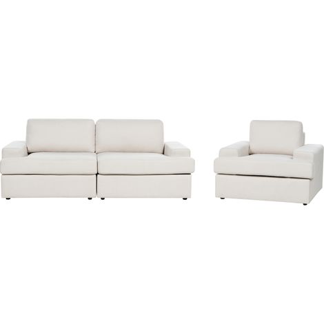 Conjunto de sala de estar clásico 4 plazas sofá sillón tapizado tela poliéster con sillón respaldo acolchado grueso acolchado beige claro Alla