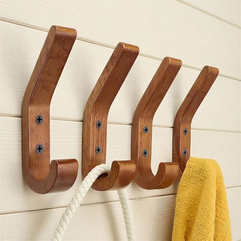4 Pièces Patere Murale Bois en Chêne Massif 155 mm – Bois Solide Traité Anti-Humidité, Charge 10 kg, Design Lisse Poli à la Main – Pour Entrée, Salle de Bain, Cuisine, Chambre (Couleur Noix) (1/5)