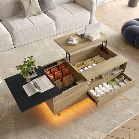 Mobile regolabile in altezza con illuminazione a LED a pavimento e ampio spazio contenitivo – personalizzabile individualmente, con cassetti e scomparti, ideale per soggiorni minimalisti e multifunzio (1/5)