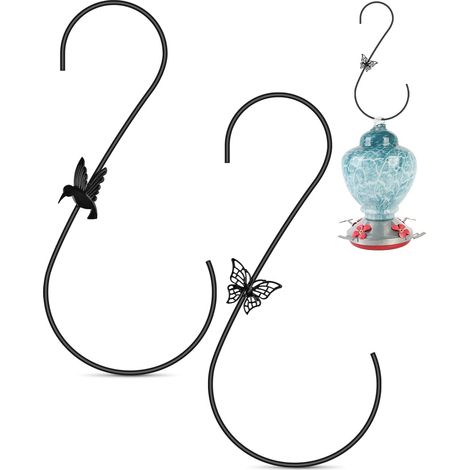 Support pour mangeoire à oiseaux de 30 cm avec 2 jeux de crochets métalliques pour suspendre les mangeoires à colibris. (Noir)