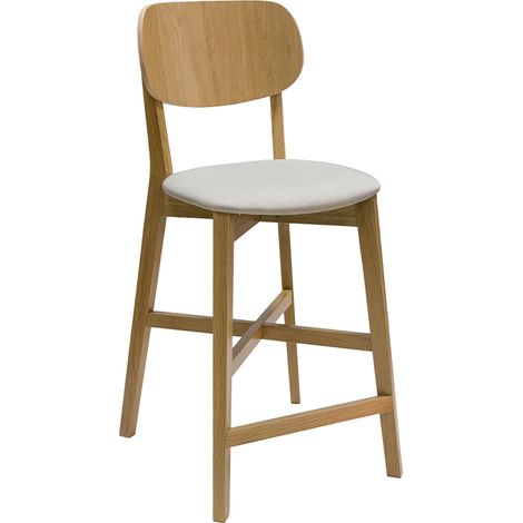 Sgabello da bar in legno massello di rovere chiaro e tessuto beige H65 cm LUCIA