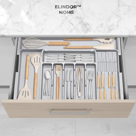 Organiseur extensible Elindor® pour couverts et ustensiles de cuisine, 9 compartiments, tiroir extensible de 36,8 à 48,3 cm et de 33,5 à 55,9 cm, support ajustable pour couteaux, cuillères et fourchet (1/5)