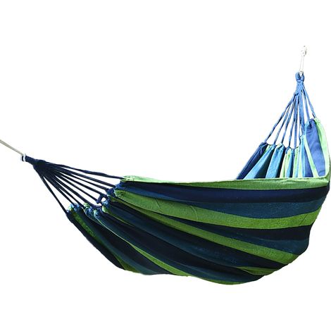 Hamac d'extérieur confortable en polyester et coton, supportant jusqu'à 200 kg, anti-basculement, portable, idéal pour le camping, la terrasse ou le jardin. Couleurs : bleu et vert. (1/5)