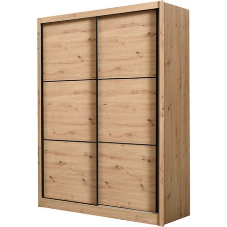 Großer Kleiderschrank Faedis, Schlafzimmer Schrank mit Kleiderstange, 5 Regale, Schiebetüren, 166x215,5 cm Eiche Braun