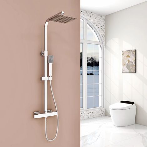 AICA Columna de Ducha con Termostato Cuadrado, Barra Ajustable 80-120cm, Alcachofa Regulable en Ángulo y Mangura flexible para Baño (1/5)