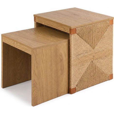 Lot de 2 Tables Gigognes en Bois avec Décoration Effet Corde Tressée – Tables d’Appoint Emboîtables (1/5)