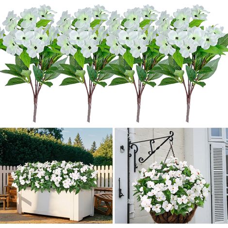 Four white artificial impatiens plants, suitable for decorating terraces, lawns, gardens, balconies, hanging baskets, and porches (40 cm).