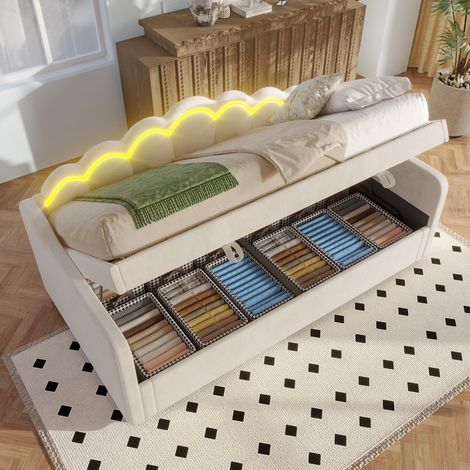 Lit Coffre 90x200cm - Lit Simple 90x200 - Lit Banquette Rembourré en Velours avec Rangement Hydraulique et Ruban LED - Beige (1/5)