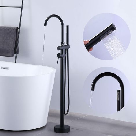 Robinet de Baignoire sur Pied, Robinet de Bain avec Douchette et Tuyaux, Bec Pivotant À 360°, Mitigeur Cartouche en Céramique, Douche à Double Mode, pour Baignoires d'Hôtel ou Domestiques, Noir (1/5)