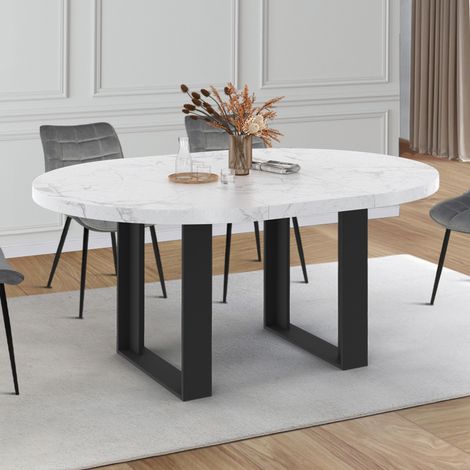 Mesa de comedor redonda extensible para 4-6 personas PHOENIX con tablero efecto mármol blanco ALASKA 110-150 cm