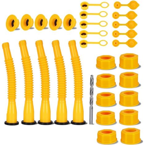 Kit de remplacement pour bec verseur de bidon d'essence, 5 pièces jaunes avec 10 bouchons (5 grossier + 5 fin) (1/5)