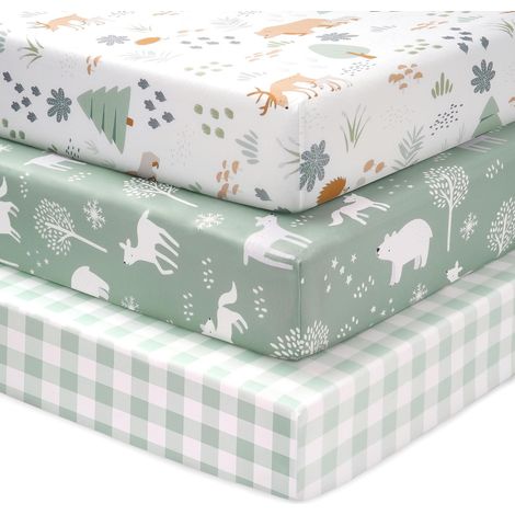 Drap Housse 60 x 120 cm, Lot de 3 Microfibre Ultra Douce et Lisse Élastique sur Tout Le Tour - pour Matelas de Lit Bébé et Lit Enfant, Ours des Bois Vert (1/5)
