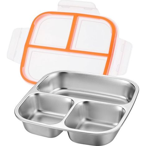 Boîte à lunch en acier inoxydable 600 ml, 3 compartiments, avec couvercle blanc, compatible lave-vaisselle, pour école et bureau (1/5)