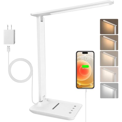 Lampe de Bureau LED avec Adaptateur, Pliable Lampe de Chevet Dimmable avec 5 Modes de Couleur et 5 Niveaux de Luminosité, Port de Charge USB, Pour Lecture Travail (Blanc-avec Adaptateur) [Classe énerg (1/5)