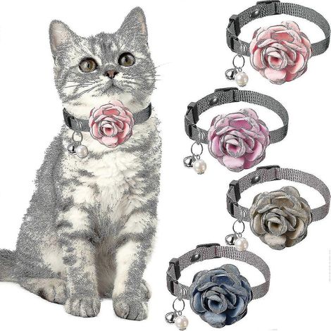 Collier pour chat ou chien (lot de 4) en nylon ajustable avec fleur, clochette et perle. (1/5)