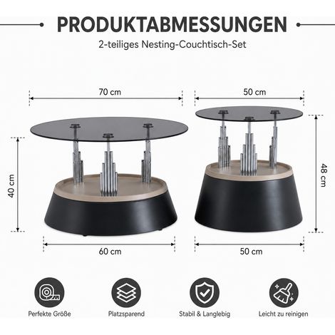 2-teiliges Couchtisch-Set mit Glasplatte – modernes Nesting-Design Wohnzimmertisch, gehärtetes Glas, Metallgestell, platzsparend, ca.-Maße (1/5)