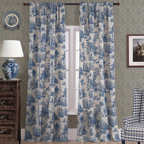 Rideaux Bleu Roi de 274,3 cm de Long pour Salon, Toile de Jouy à Motif Floral Vintage et printanier, filtrant la lumière, pour Porte coulissante, Blanc et Bleu, 274,3 cm de Long (1/5)