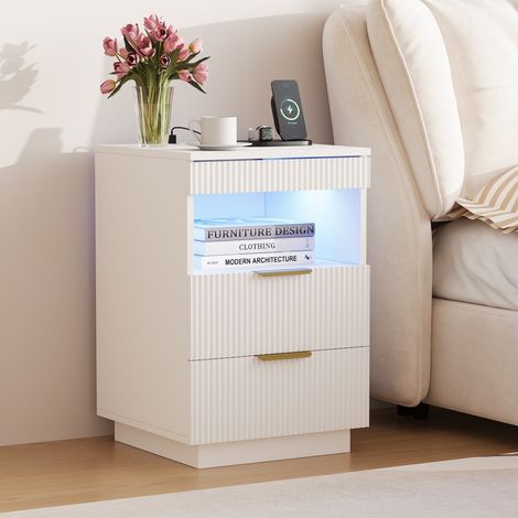 Mesita de noche - 40 x 40 x 60 cm - Mesita de noche de diseño «Onde» con LED RGB, puertos USB y cajones - Blanco (1/5)